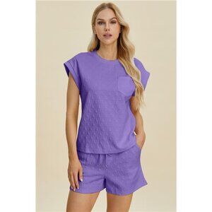 nwt Double Take Full Size Pocketed Texture Round Neck Top and Shorts Set